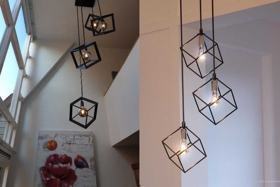 9 Model Lampu Void Rumah untuk Plafon Tinggi, Estetik dan Modern 17 hipwee-Rangka kubus geometris hitam buat tampilan industrial yang tegas