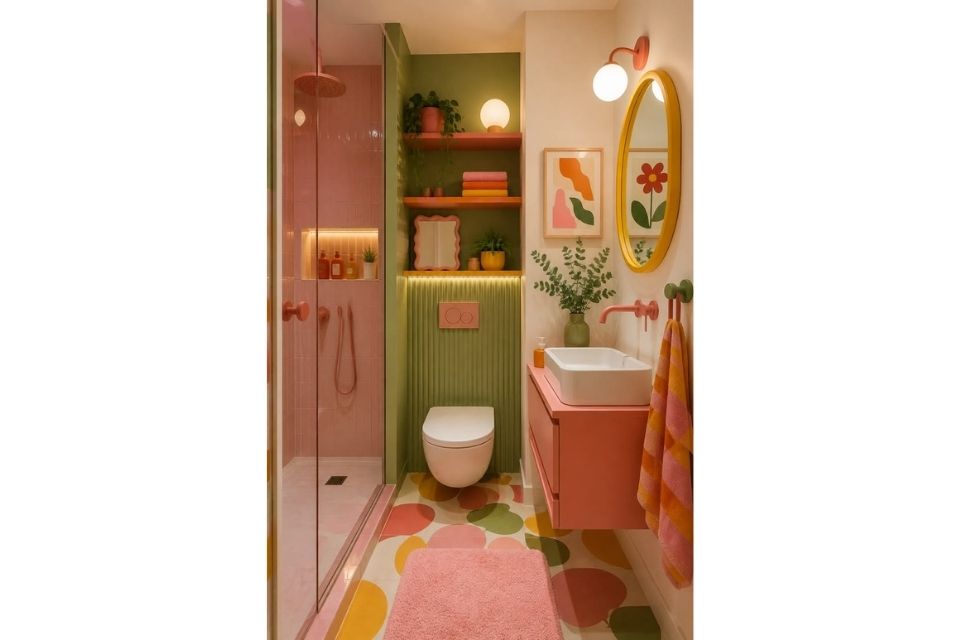 8 Inspirasi Kamar Mandi Warna Pastel yang Lagi Hits, Cocok Buat Gen Z! 11 hipwee-Sentuhan funky-artsy dengan perpaduan sage green dan pink