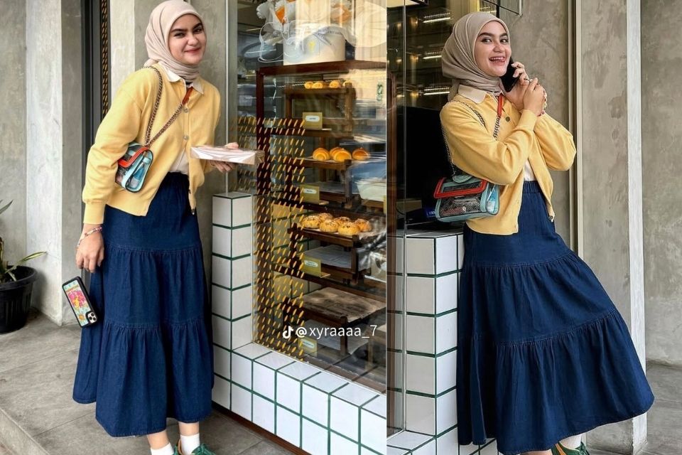 7 Ide OOTD Dufan Hijab yang Nyaman dan Stylish, Ada Mid Size Friendly! 8 hipwee-Tampil Playful Pakai Kardigan Kuning dan Rok Denim A-Line