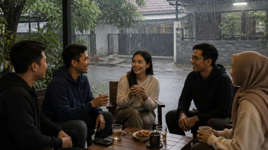 Why a Bad Movie Can Be the Best Way to Start Talking to Someone New 6 strangers discussing bad movies under a rainy cinema awning