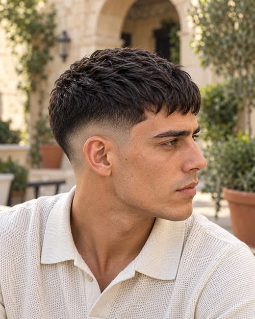 11 Model Rambut Pria untuk Wisuda yang Stylish, Rapi, dan Bikin Pangling! 17 Pria dengan French crop berponi pendek dan soft taper di bagian samping