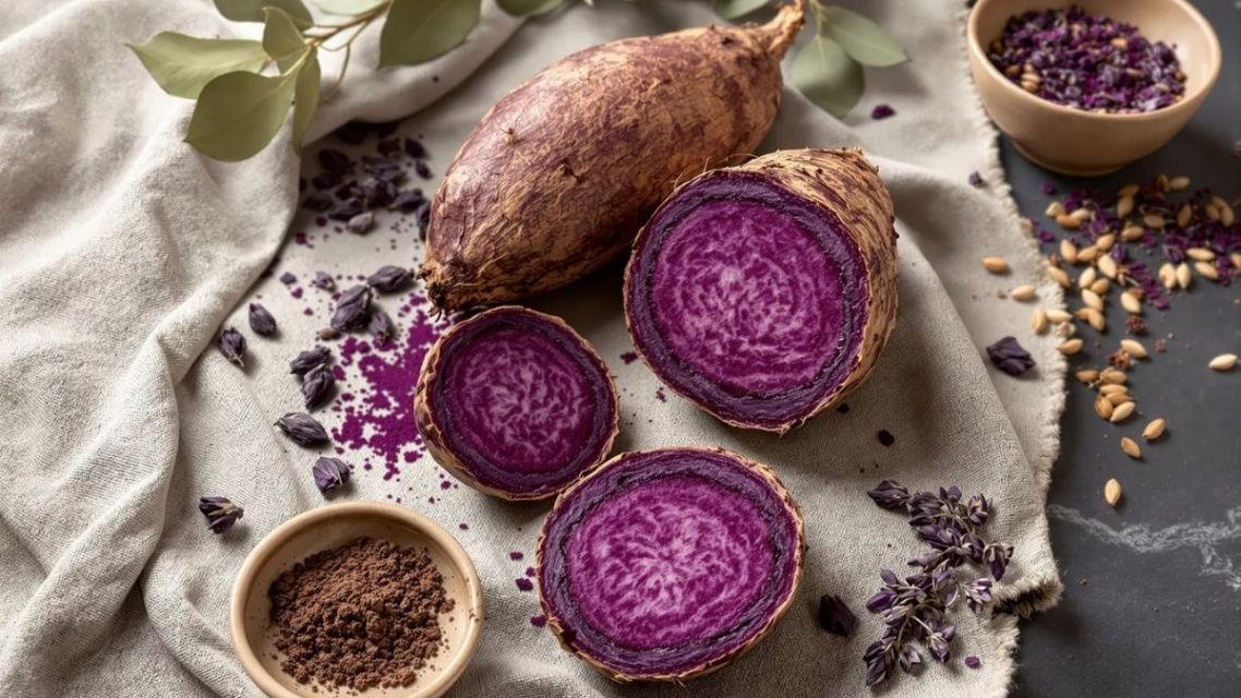 Tren Dessert Ungu Kekinian, Kenali Apa Itu Ube yang Beda dari Ubi Biasa! 6 Umbi ube dengan kulit cokelat kasar dan daging ungu