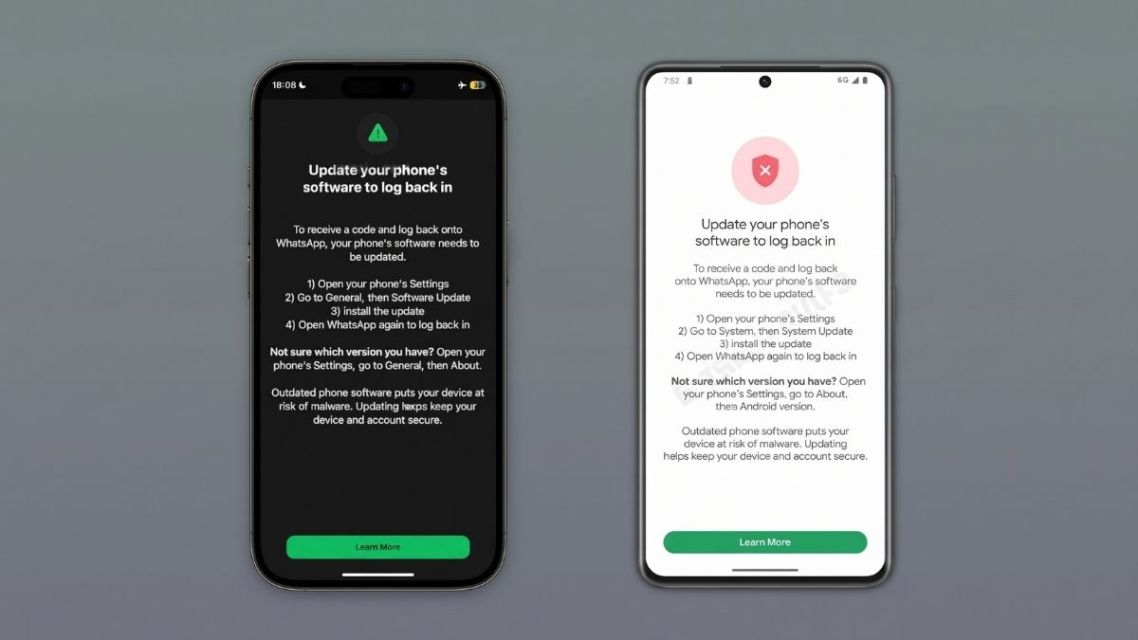 Diblokir Permanen! Daftar HP yang Nggak Bisa Pakai WhatsApp Bulan Ini, Segera Cek Punyamu 7 Layar ponsel menampilkan peringatan pembaruan WhatsApp