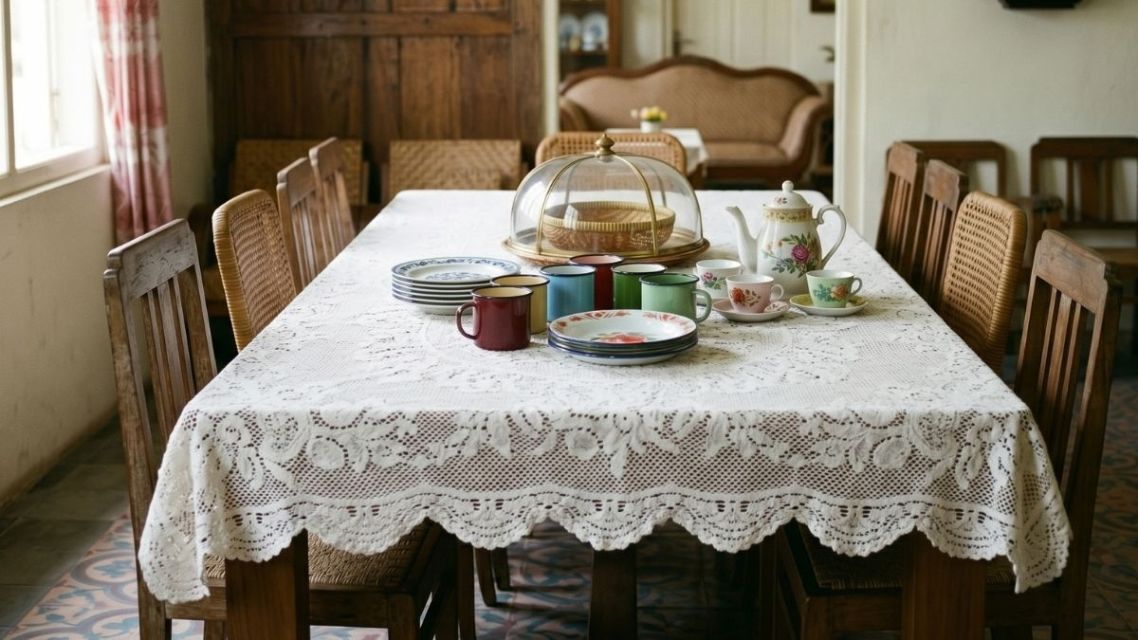 Meski Sederhana, 9 Detail Interior Jadul di Rumah Nenek Selalu Sukses Bikin Kangen 16 Meja makan kayu panjang dengan taplak renda rajut putih dan set cangkir seng enamel vintage
