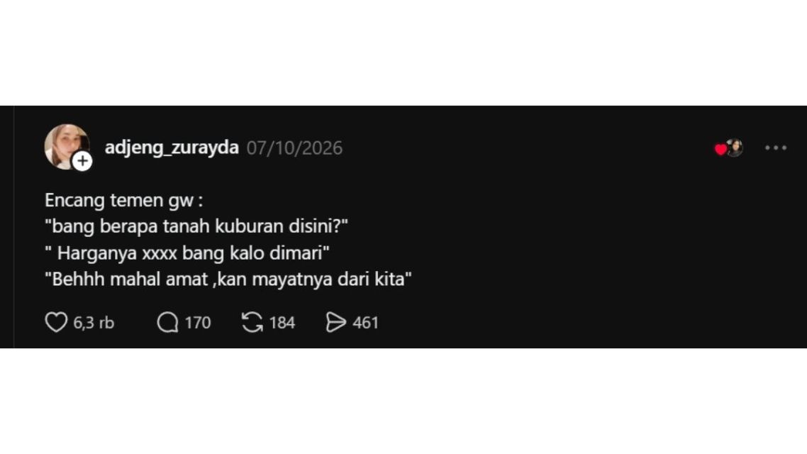 Auto Bikin Nyengir, Ini 11 Celetukan Betawi Lucu yang Viral di Threads Buat Penawar Stres 22 Tangkapan layar Threads tentang Encang Betawi yang menawar harga tanah pemakaman