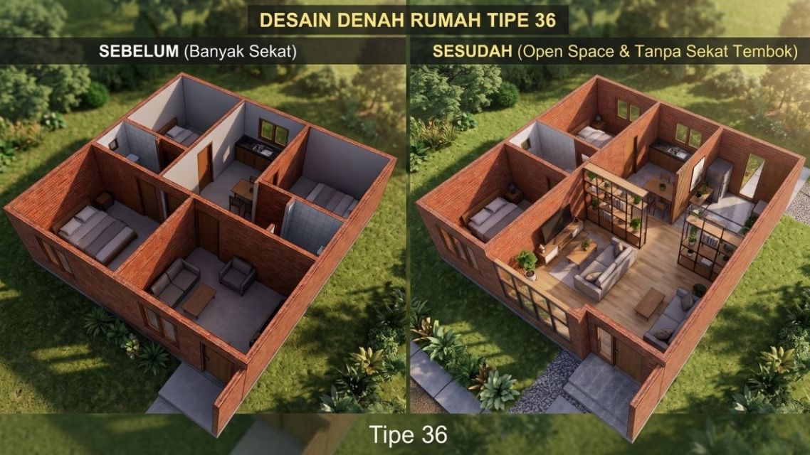 Desain Interior Rumah Tipe 36 Biar Nggak Kelihatan Sempit: Dari Layout Sampai Pilihan Warna 9 Perbandingan rumah tipe 36 sebelum dan sesudah menerapkan konsep open space