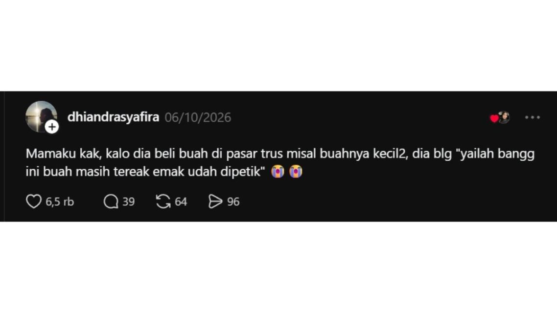 Auto Bikin Nyengir, Ini 11 Celetukan Betawi Lucu yang Viral di Threads Buat Penawar Stres 13 Tangkapan layar Threads tentang celetukan emak Betawi saat protes buah kekecilan di pasar