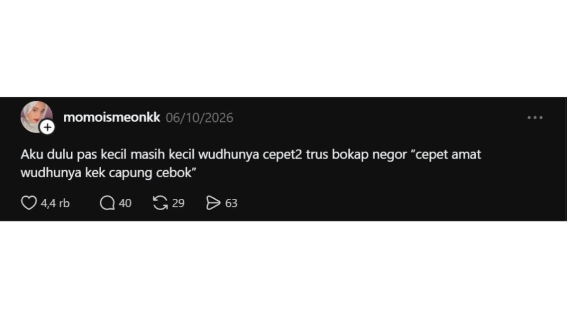 Auto Bikin Nyengir, Ini 11 Celetukan Betawi Lucu yang Viral di Threads Buat Penawar Stres 20 Tangkapan layar Threads tentang sindiran bapak Betawi soal wudu cepat seperti capung