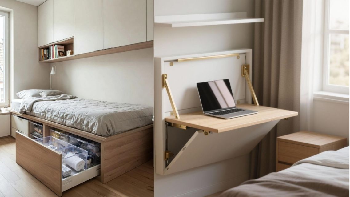 Cara Menata Kamar Kos Sempit Biar Lega: 9 Trik Layout dan Penyimpanan yang Bisa Kamu Coba Hari Ini 13 Dipan dengan laci penyimpanan dan meja lipat di kamar kos