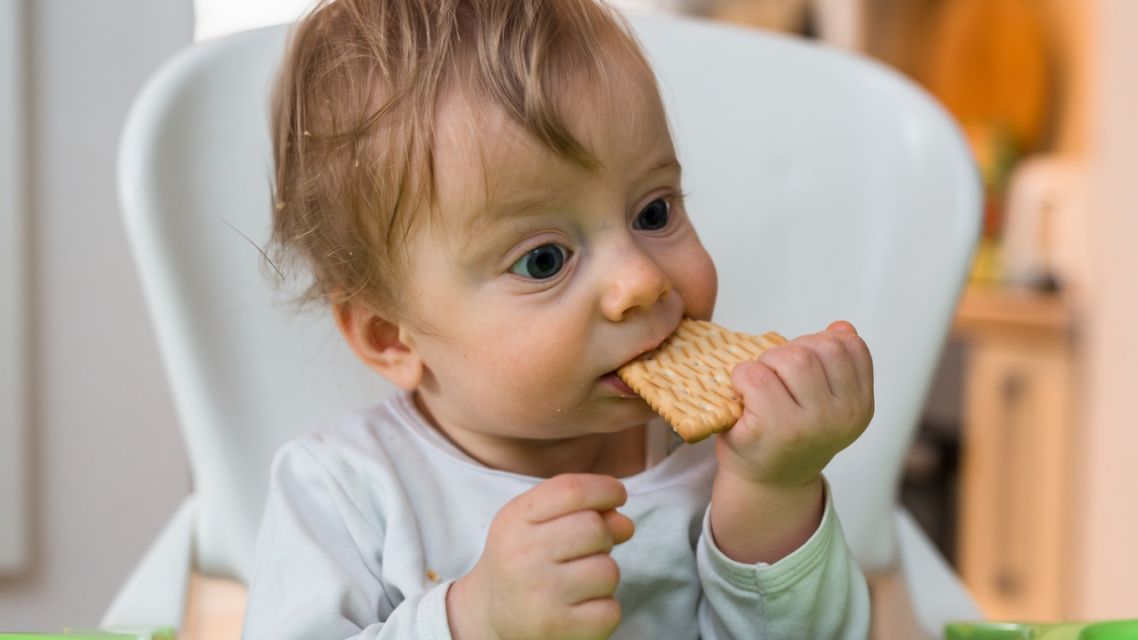 15 Mitos Makanan yang Dianggap Aman untuk Bayi, Nggak Semuanya Benar: Ini Faktanya! 29 Bayi memegang biskuit