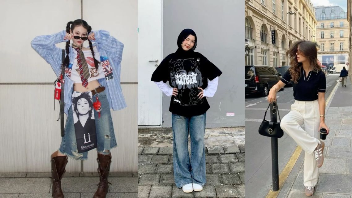 Skena, Kalcer, atau Outfit Old Money? 3 Style Gen Z yang Lagi Ramai, Kamu yang Mana? 6 Kolase tiga contoh outfit bergaya skena, kalcer, dan outfit old money